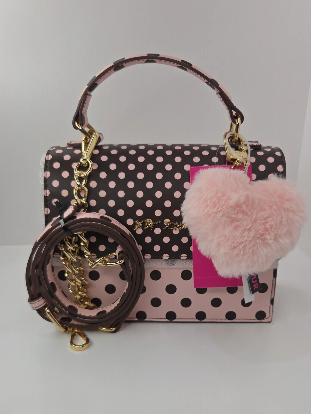 💕▪️Betsey Johnson ▪️Pink Polka Dot Top-Handle Crossbody Bag with Heart Charm